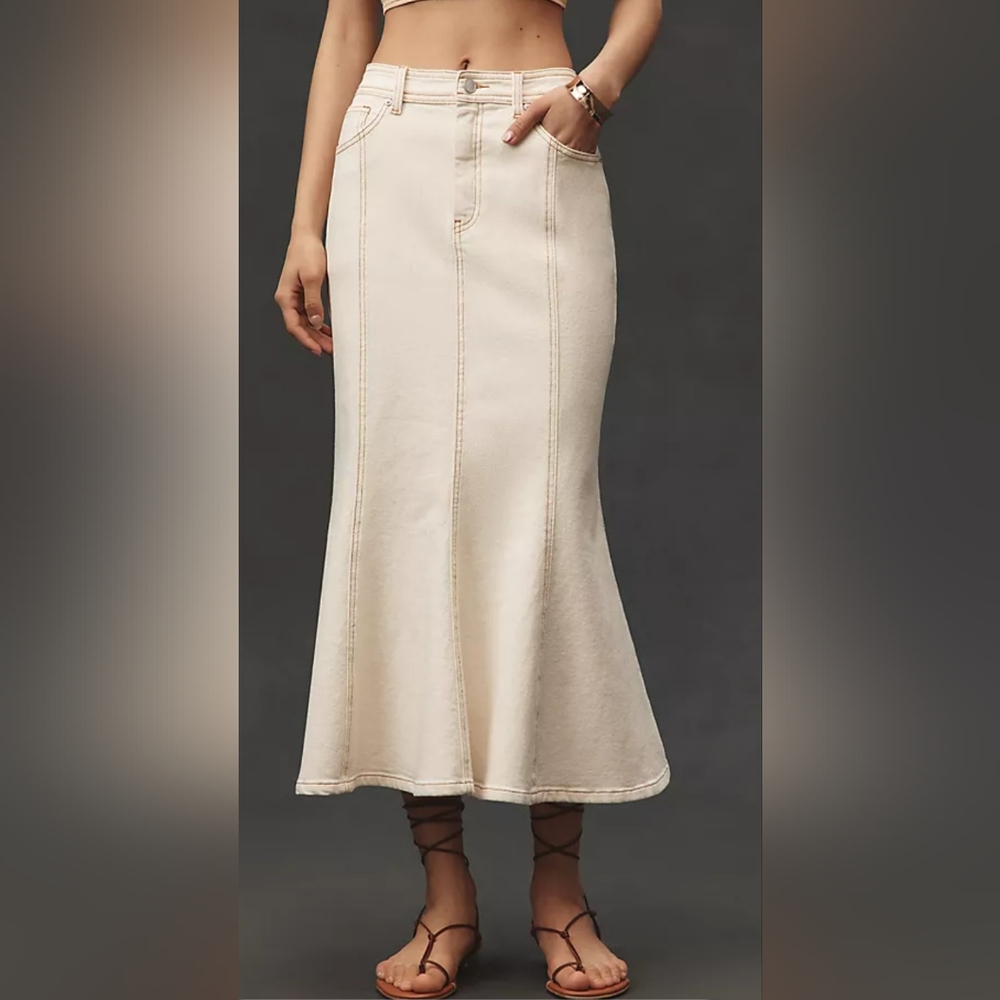 Anthropologie Cream Denim Midi Skirt